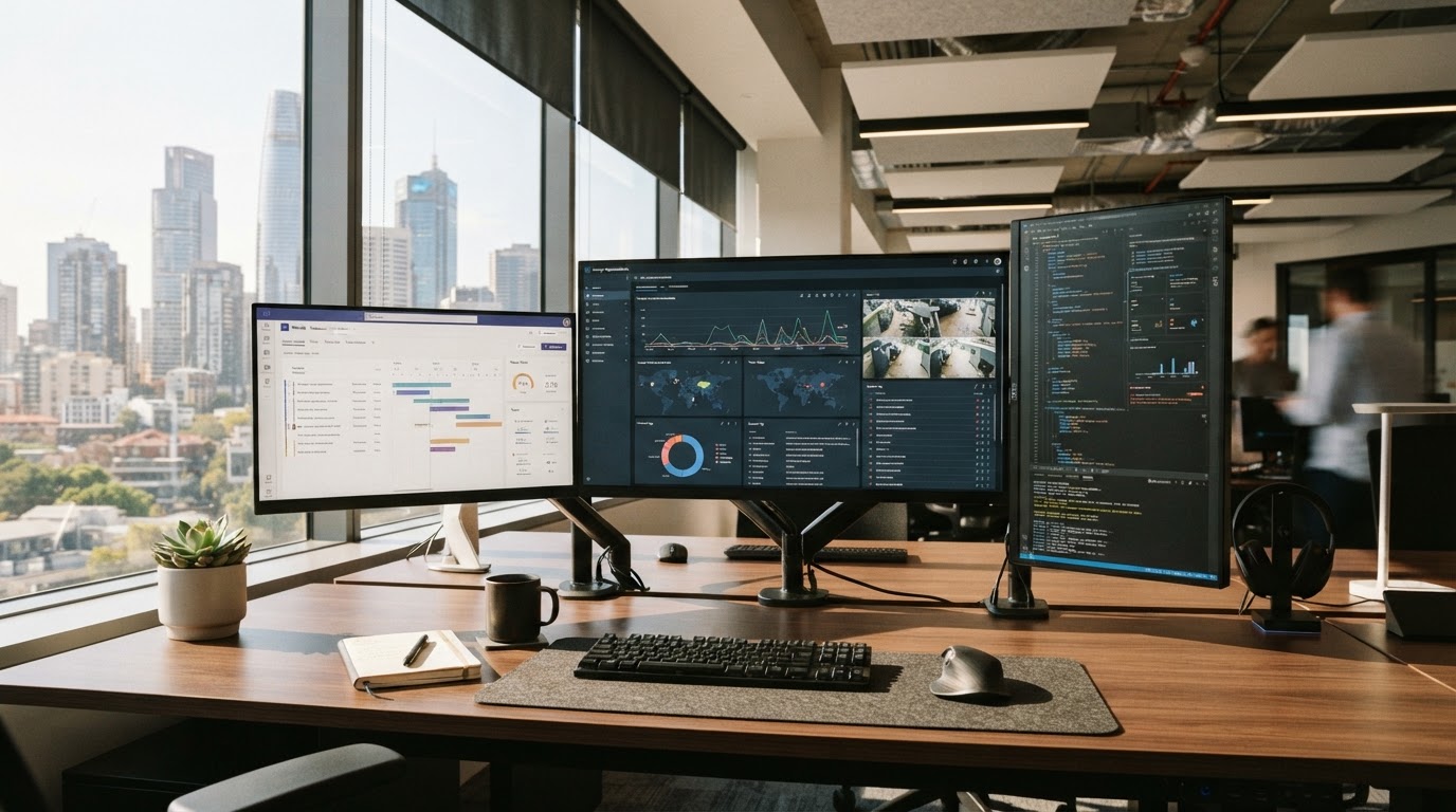 Cyber security concept showing a laptop with a shield icon on screen in a modern office with soft purple ambient lighting, representing built-in protection