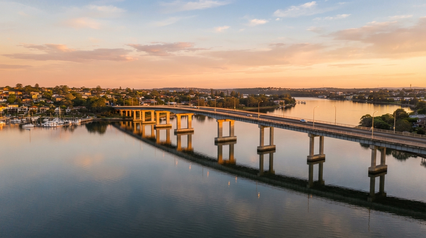 The Captain Cook Bridge spanning the Georges River at golden hour, connecting Rockdale to the Sutherland Shire with calm water below and clear skies