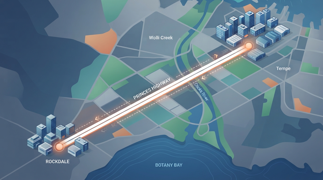 Abstract editorial illustration showing the geographic proximity between Rockdale and Sydney's Inner West with a stylised map and a short route along the Princes Highway connecting the two areas