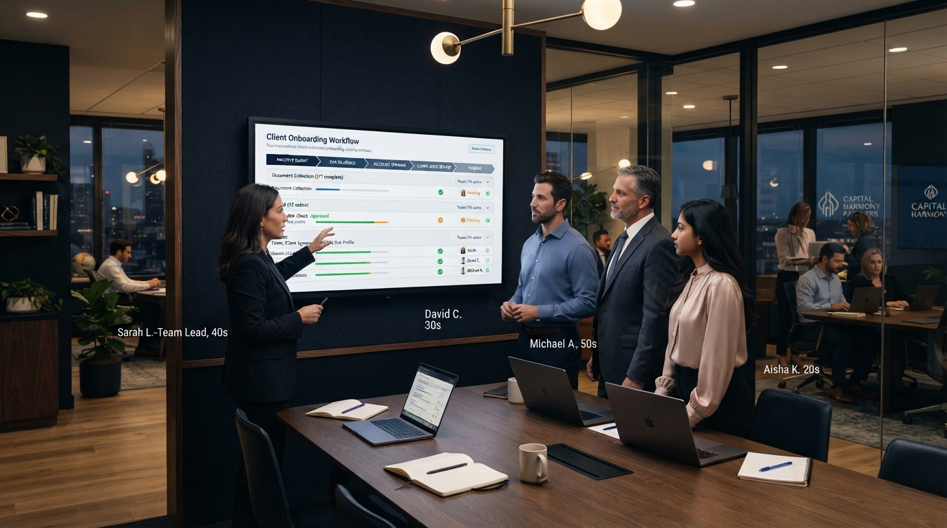 Financial services business team reviewing client onboarding workflows on a large screen with structured document collection forms visible