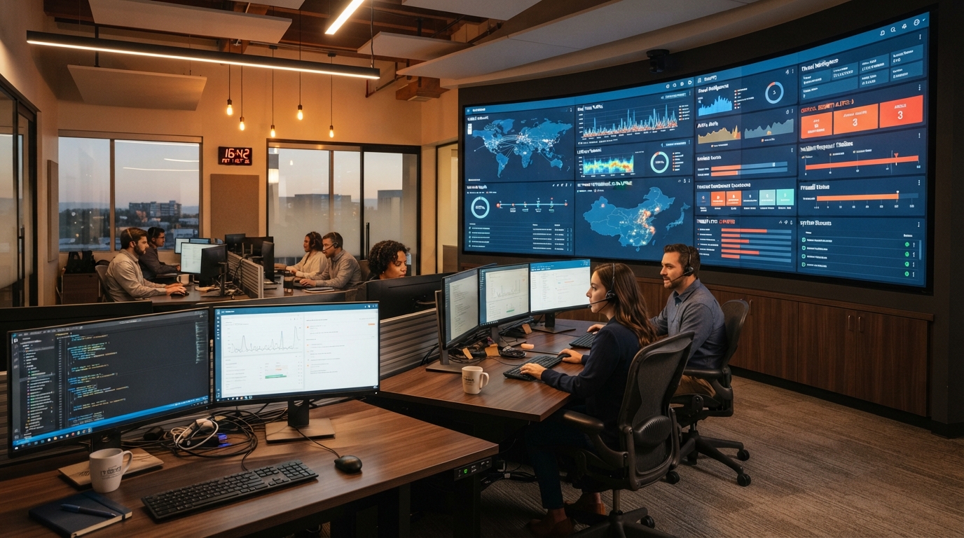 Modern IT support operations centre with multiple monitors displaying network monitoring dashboards and security alerts in a clean professional environment with warm ambient lighting