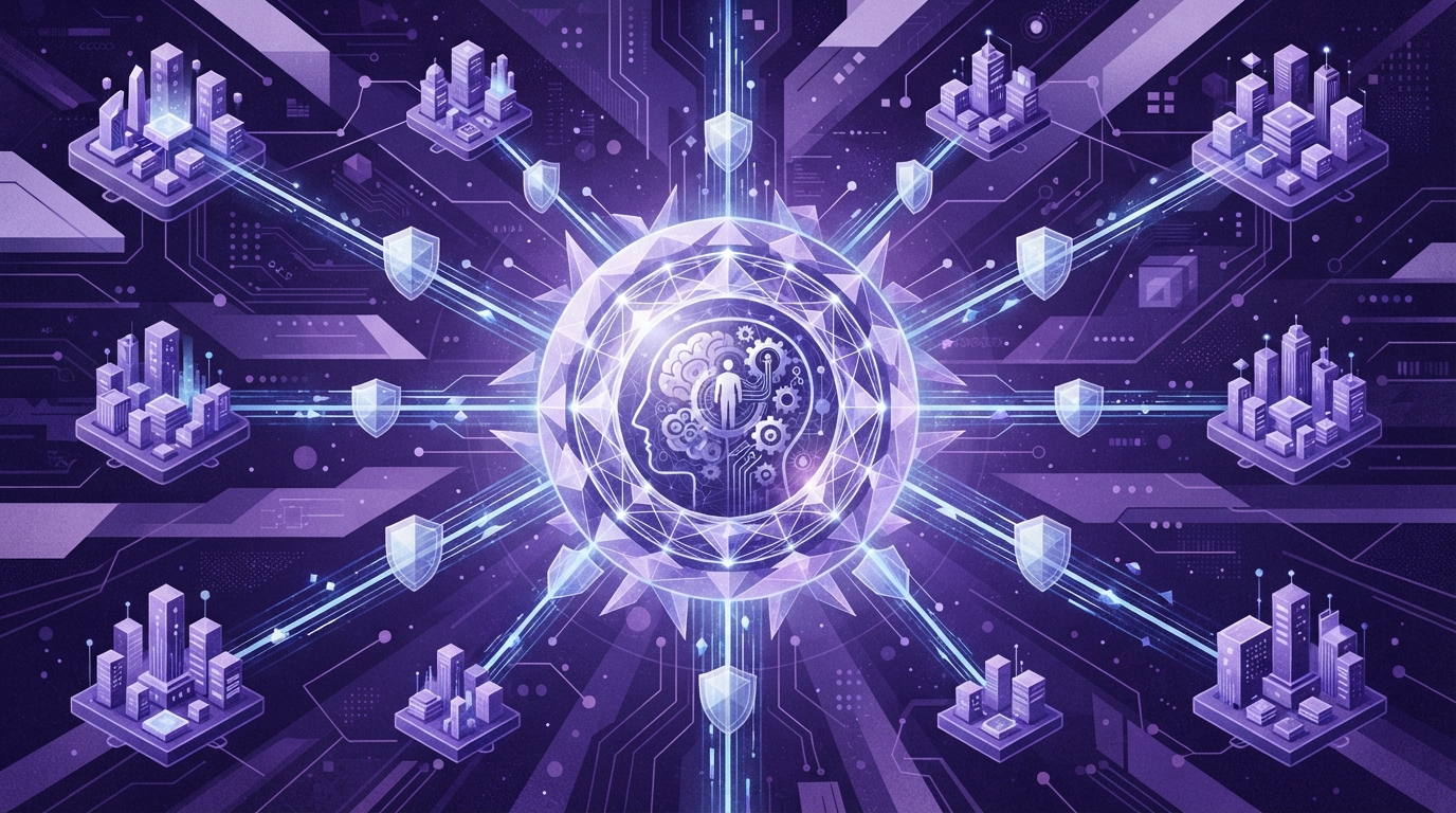 Abstract editorial illustration of governed AI access radiating from a central hub across multiple franchise locations with human oversight at its core