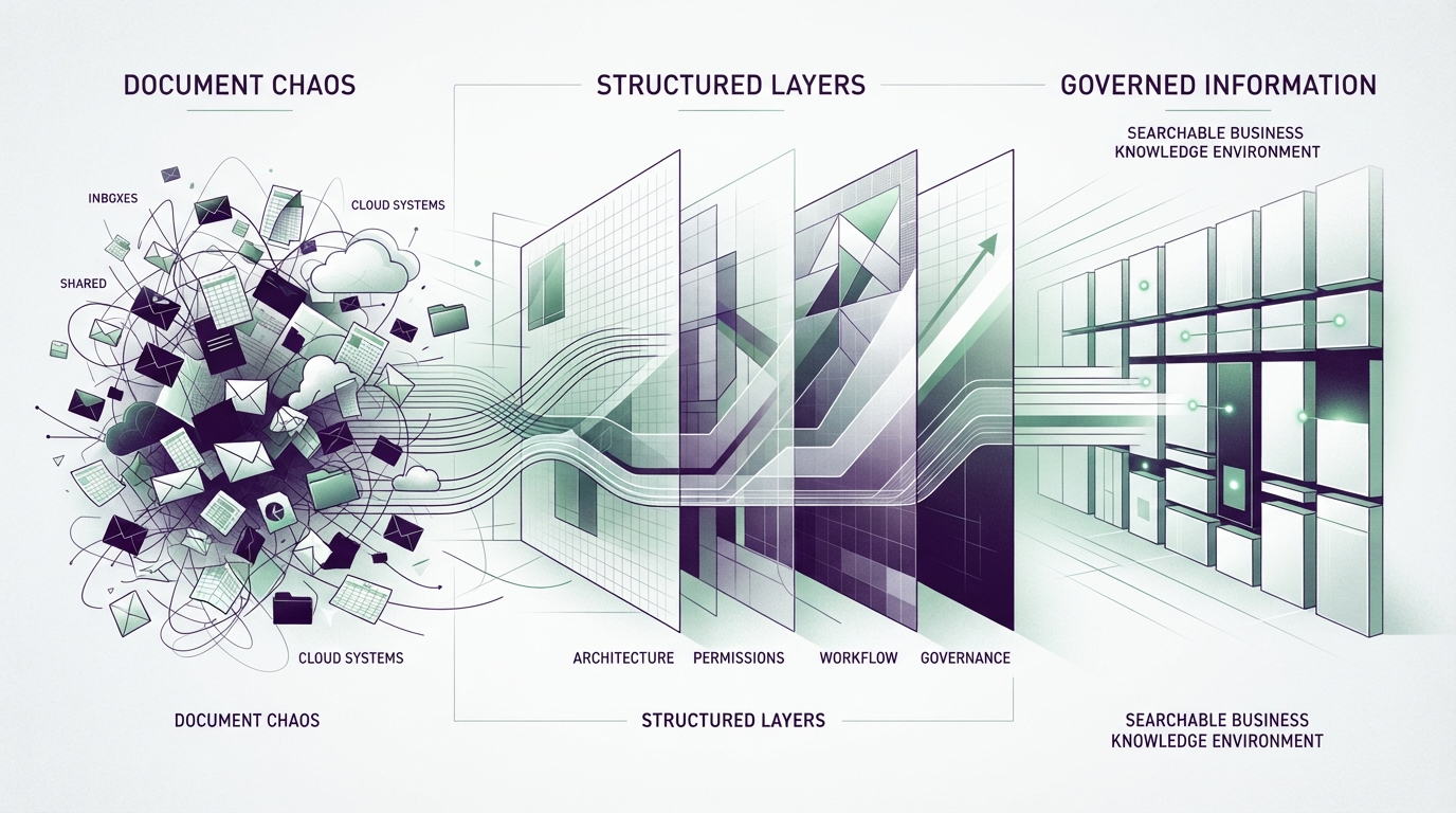 Abstract editorial illustration representing the transformation from document chaos to governed information through structured information architecture, permissions, workflow and governance