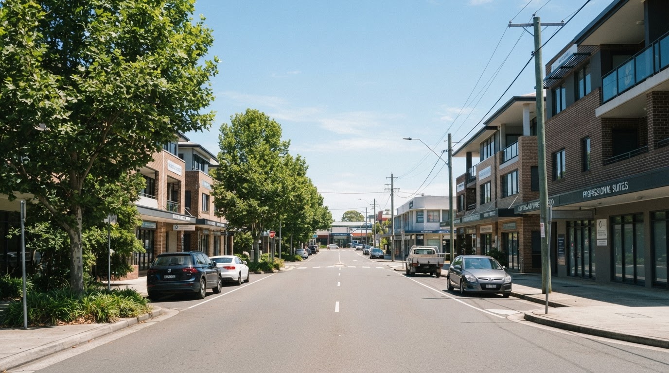Caringbah commercial district in the Sutherland Shire showing medical and professional services buildings along a tree-lined street on a clear, calm day