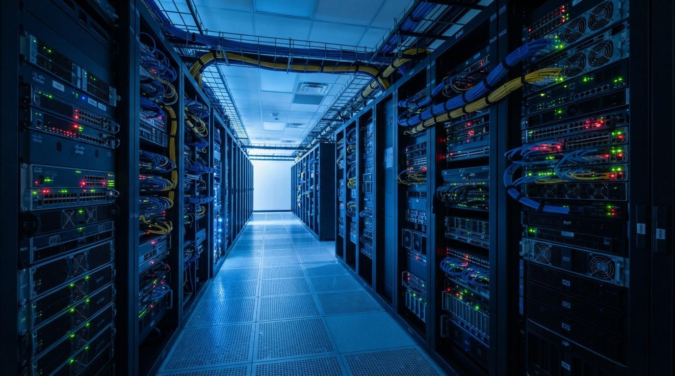 Modern IT server room with enterprise networking equipment, clean cable management and blinking status lights in cool blue tones, representing managed infrastructure