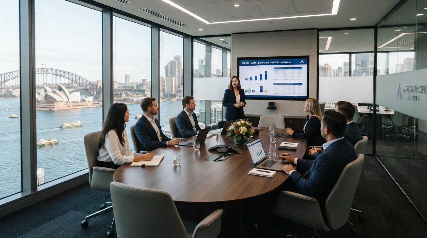 Professional business meeting room in a modern Sydney office with a large table, comfortable chairs, presentation screen and natural light from floor-to-ceiling windows in a clean corporate setting