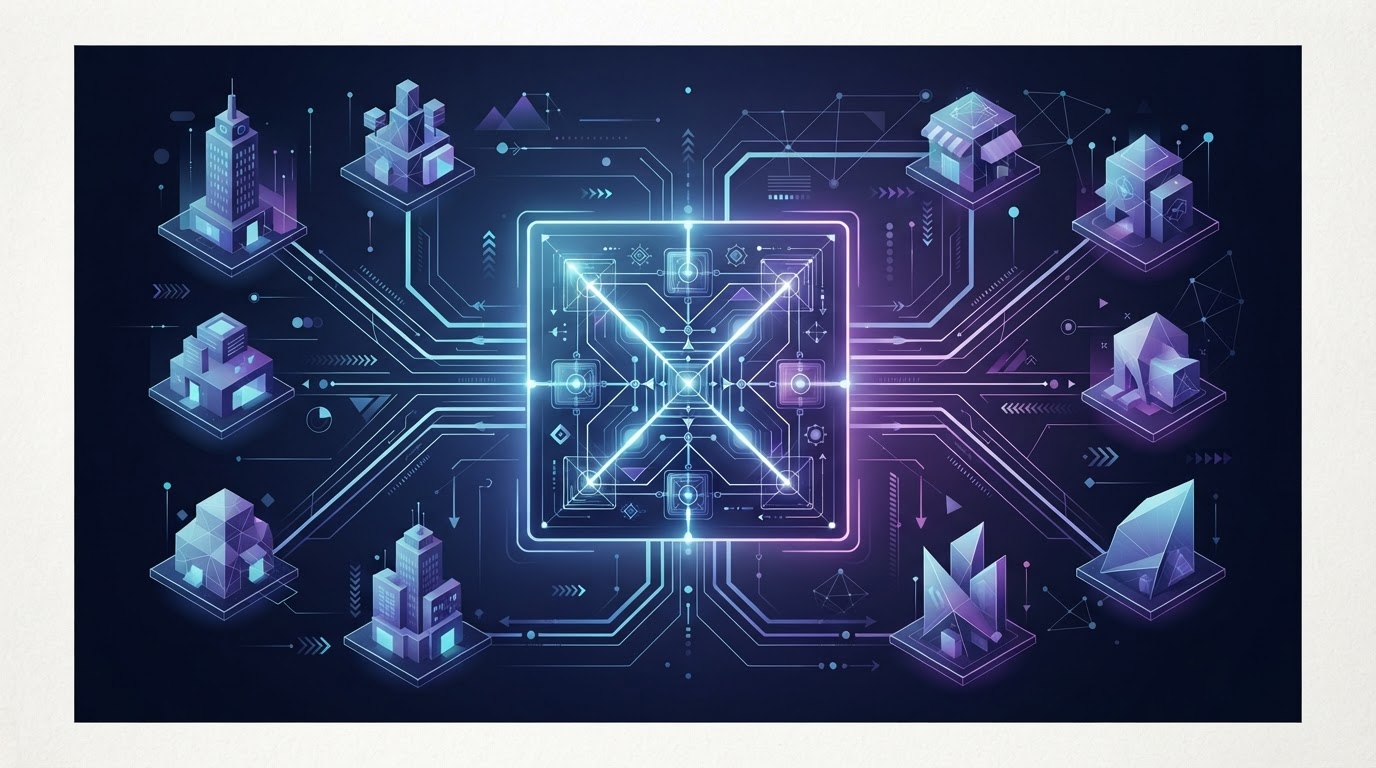 Abstract editorial illustration showing multiple franchise locations aligning to one repeatable technology blueprint with standardised devices and connectivity
