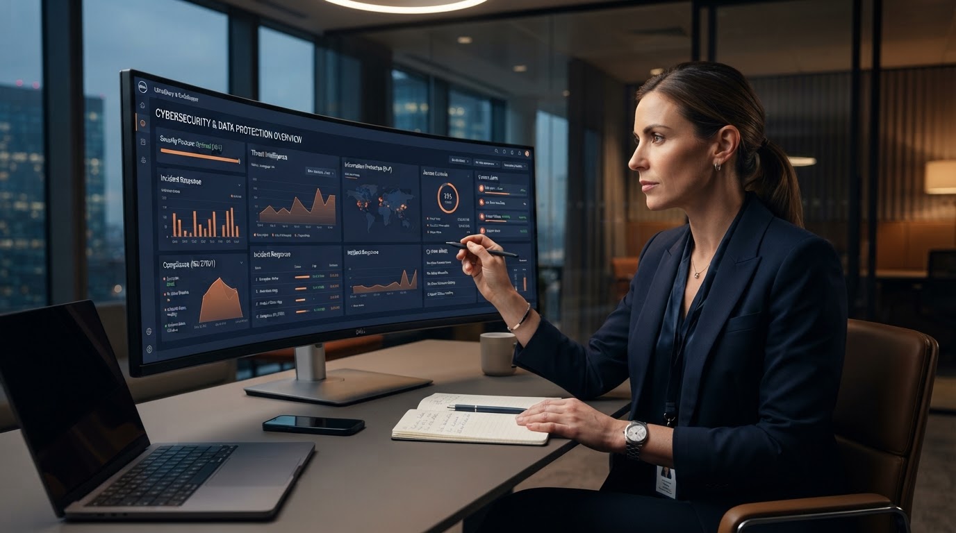 Financial services professional reviewing cyber security controls and information protection settings on a clean dashboard interface