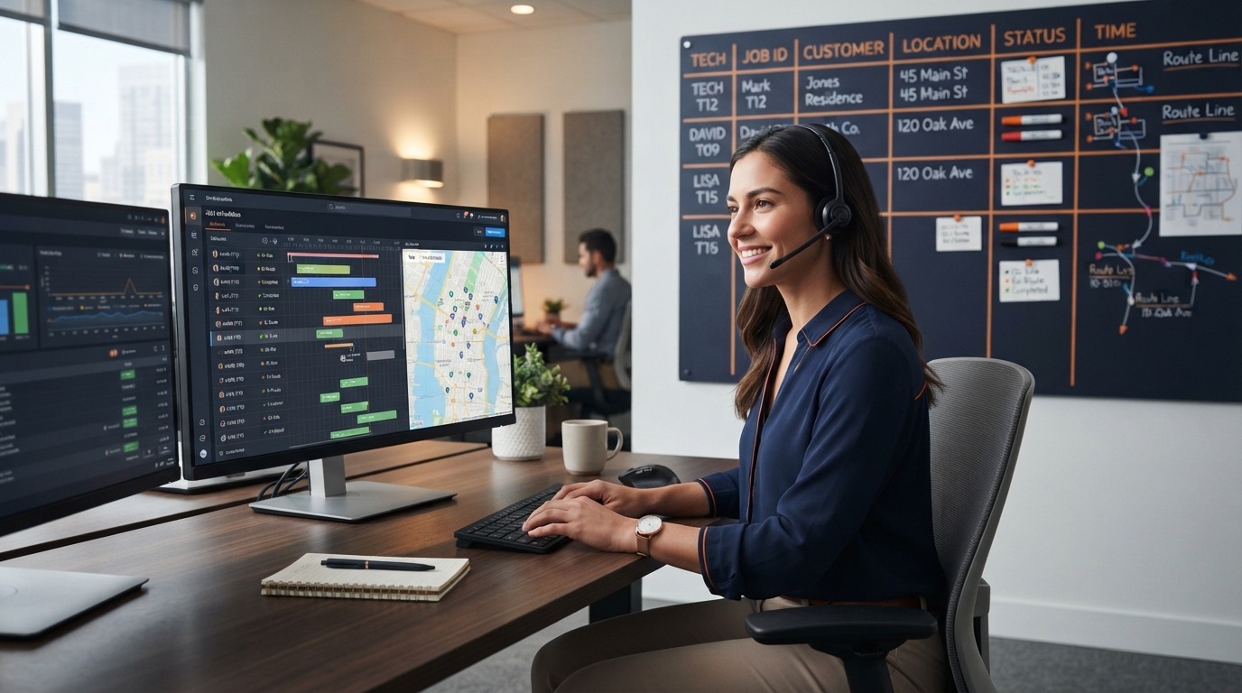 HVAC dispatcher coordinating technician schedules on a modern digital scheduling interface with job assignments and routes visible