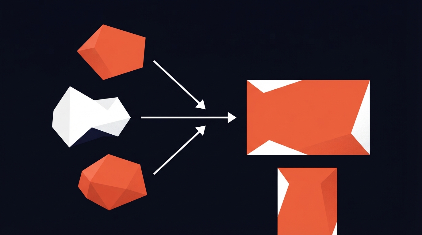 Abstract editorial illustration representing separate office technology units converging onto one shared standard, with a new unit arriving already matching that standard in a multi-office property network.
