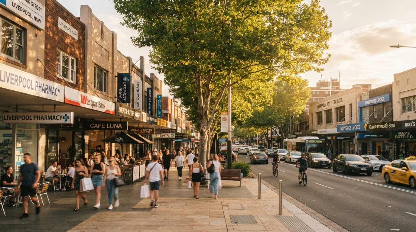 Liverpool Sydney commercial street scene showing professional services offices, retail storefronts and cafes along a tree-lined boulevard in warm afternoon light