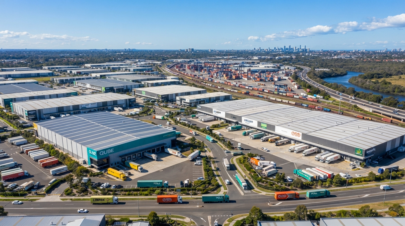 Modern logistics and warehousing precinct in South West Sydney near Moorebank showing large distribution centres, freight trucks and industrial buildings under a clear blue sky