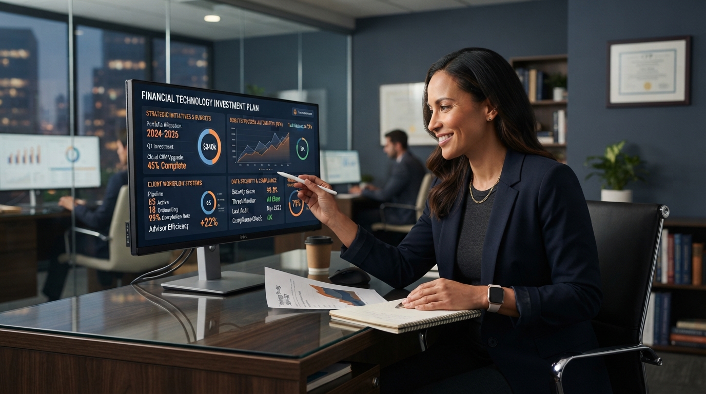 Financial services professional reviewing a technology investment plan on a modern dashboard with client workflow systems and security indicators visible
