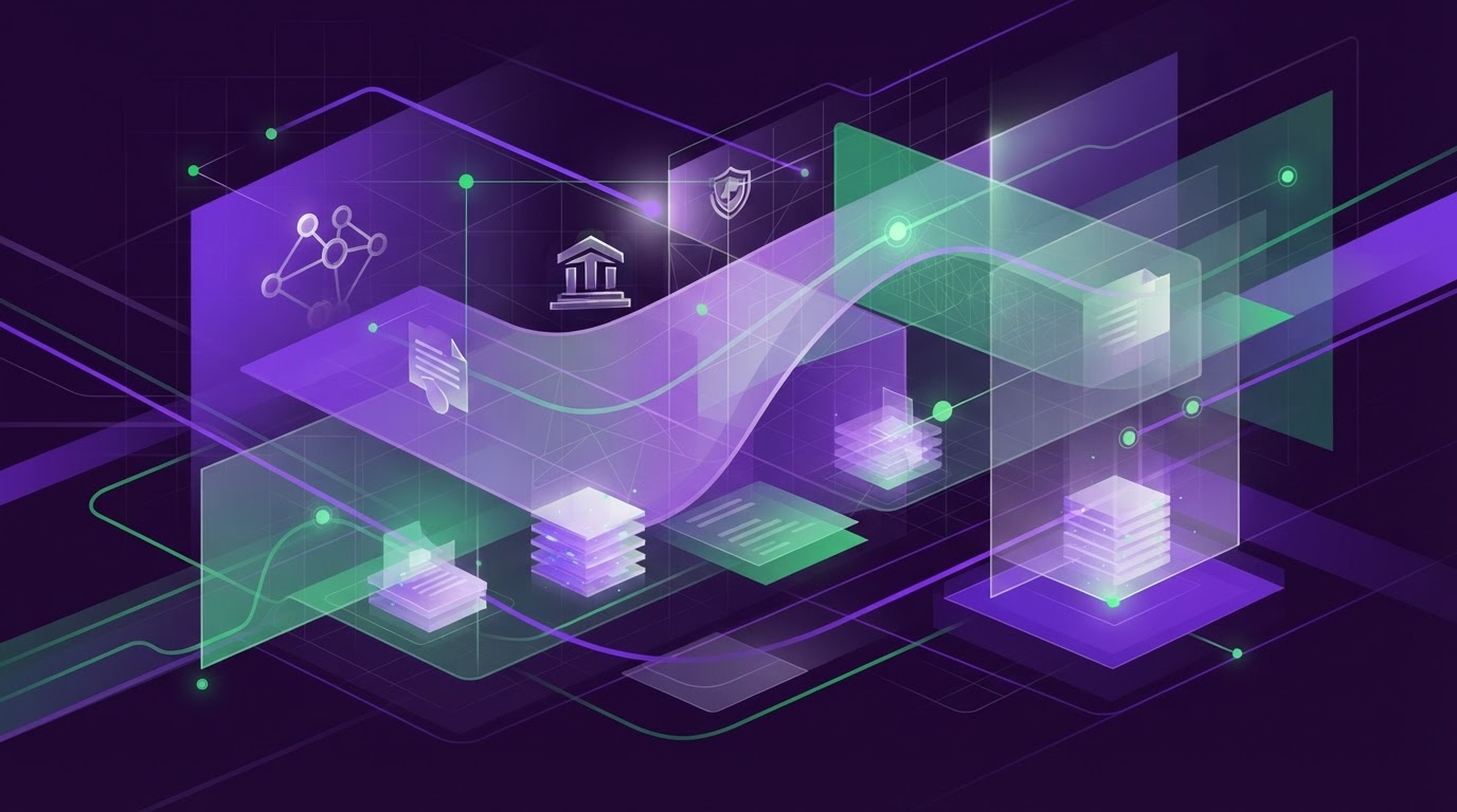 Abstract editorial illustration representing confidential information layers, governance structures and secure data flow for law firm AI readiness