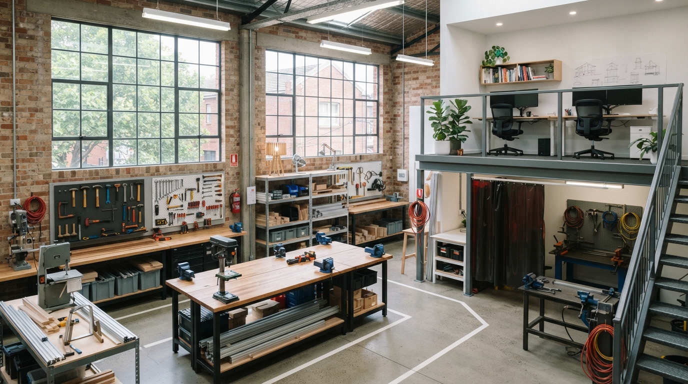 Light industrial workshop space in Marrickville Sydney showing clean maker space with organised equipment and a small office area with computers in a well-lit professional environment