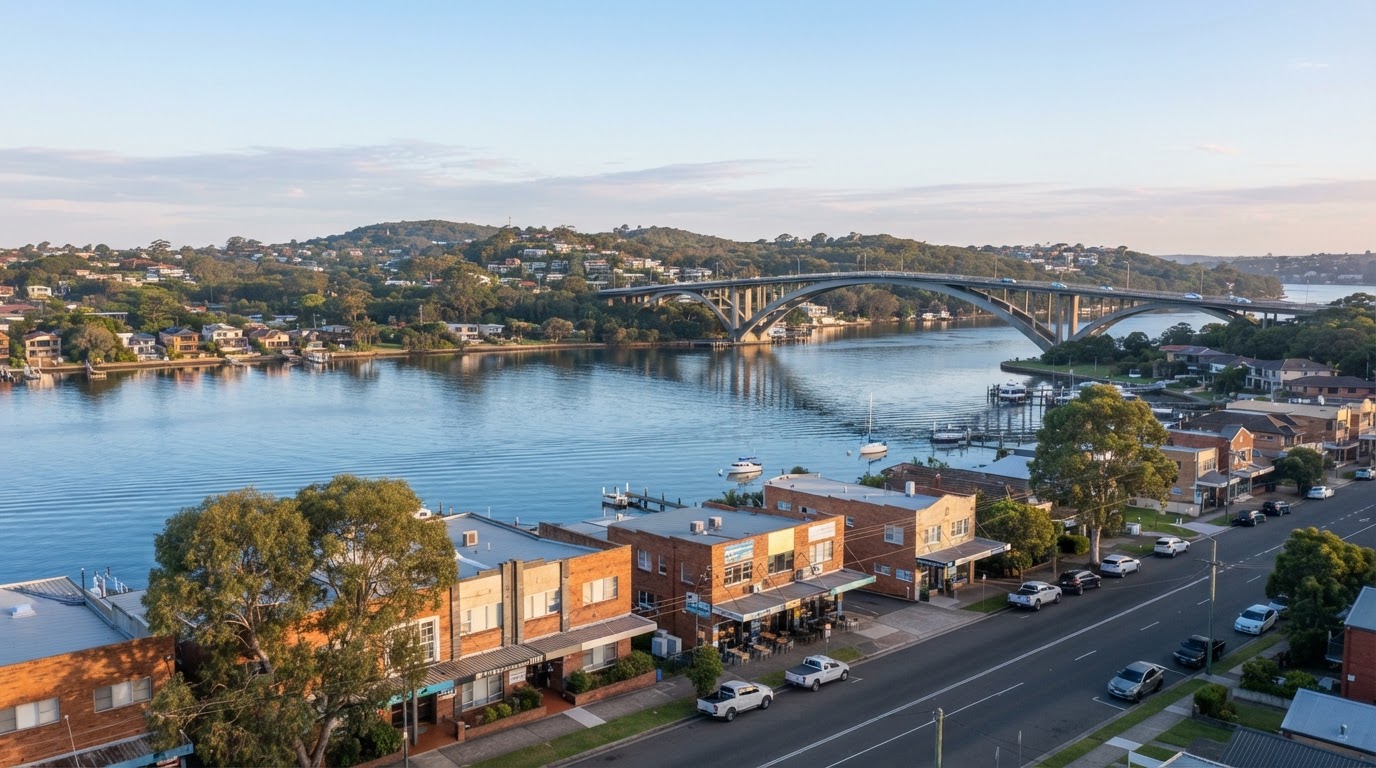 View of the Sutherland Shire coastline with the Captain Cook Bridge connecting to Rockdale, showing suburban commercial areas in soft morning light