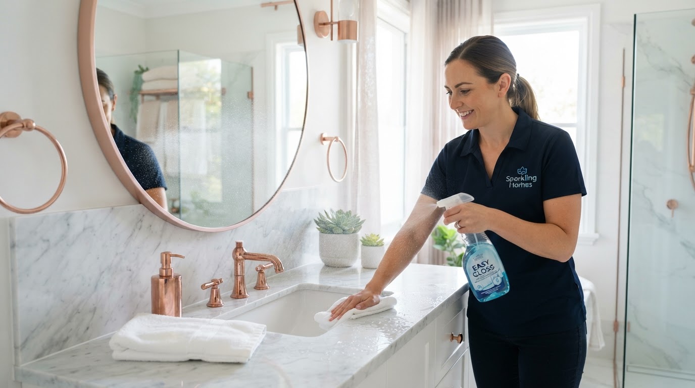 Cleaning a bathroom sink and mirror with realistic spray and wipe (hero background)