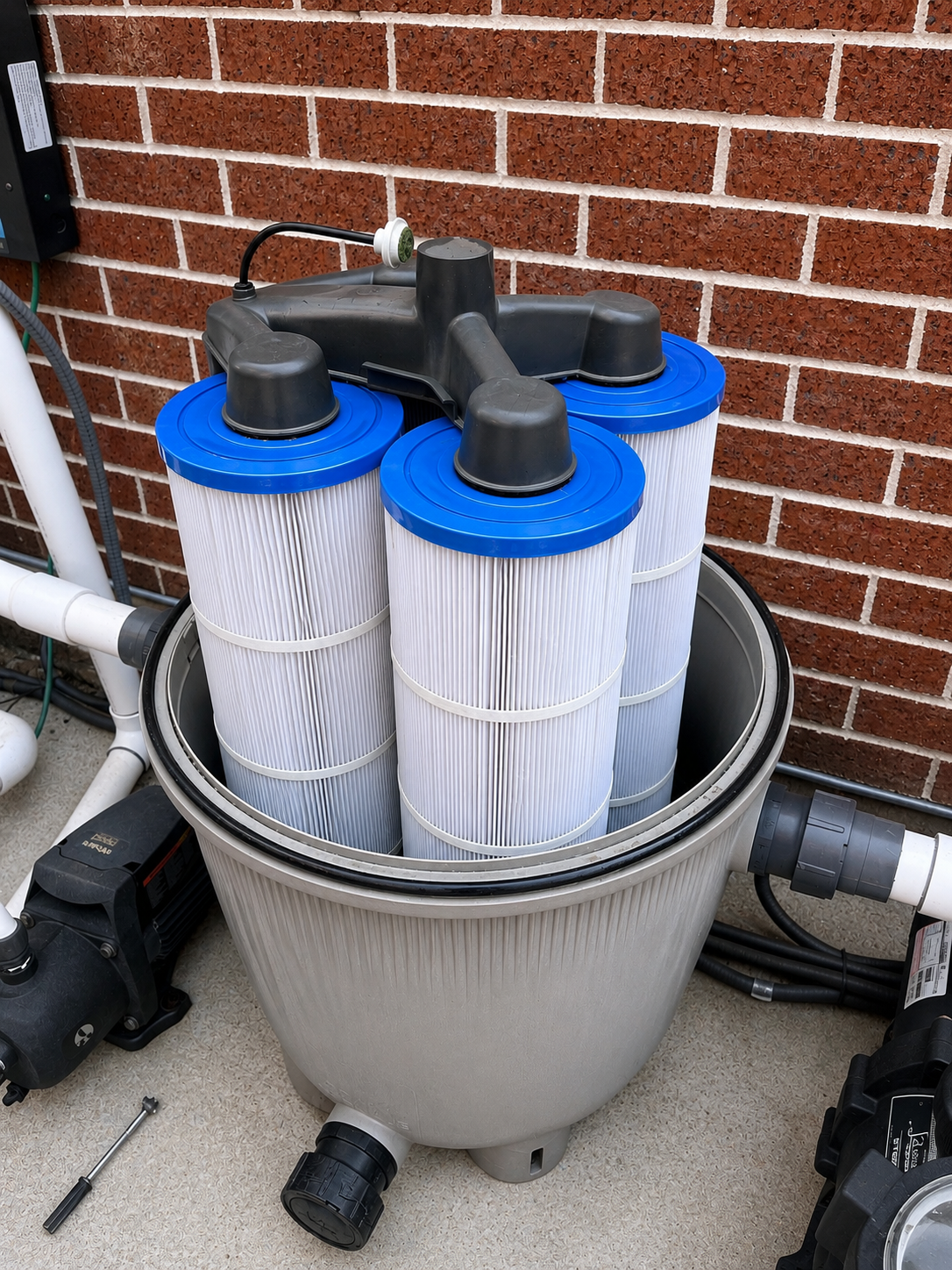 Thoroughly washed and restored clean pool filter cartridges after professional service