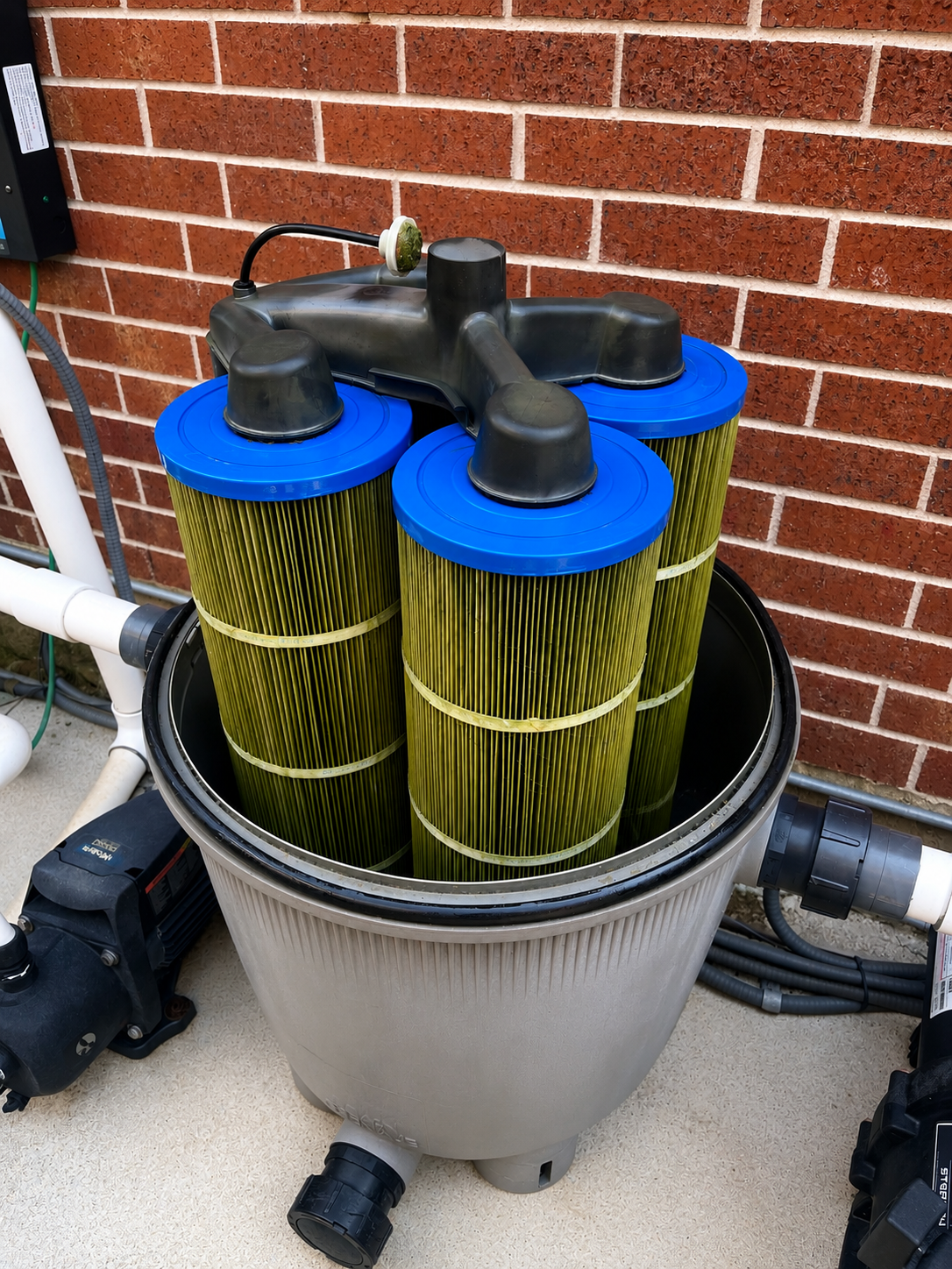 Dirty pool filter cartridges full of debris before cleaning service