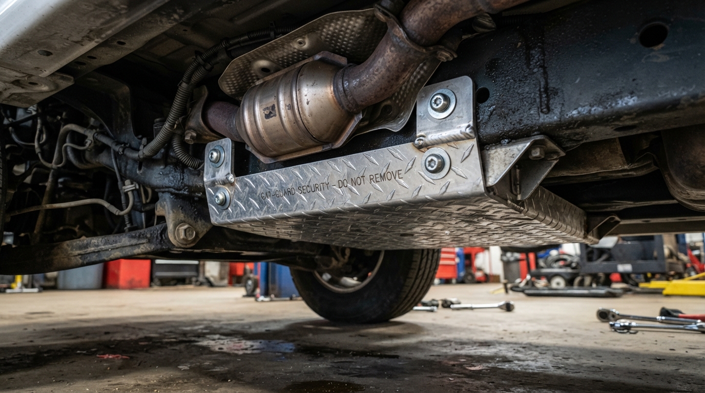 Under chassis aluminum anti-theft catalytic converter security shield plate installed at Collins Muffler
