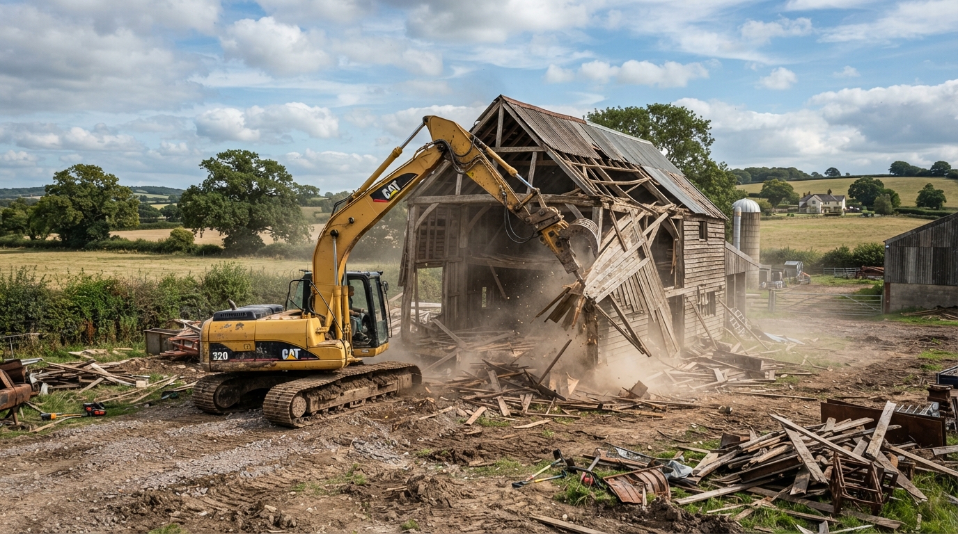 Demolition of an old rural barn and storage shed on an open property in Denton TX