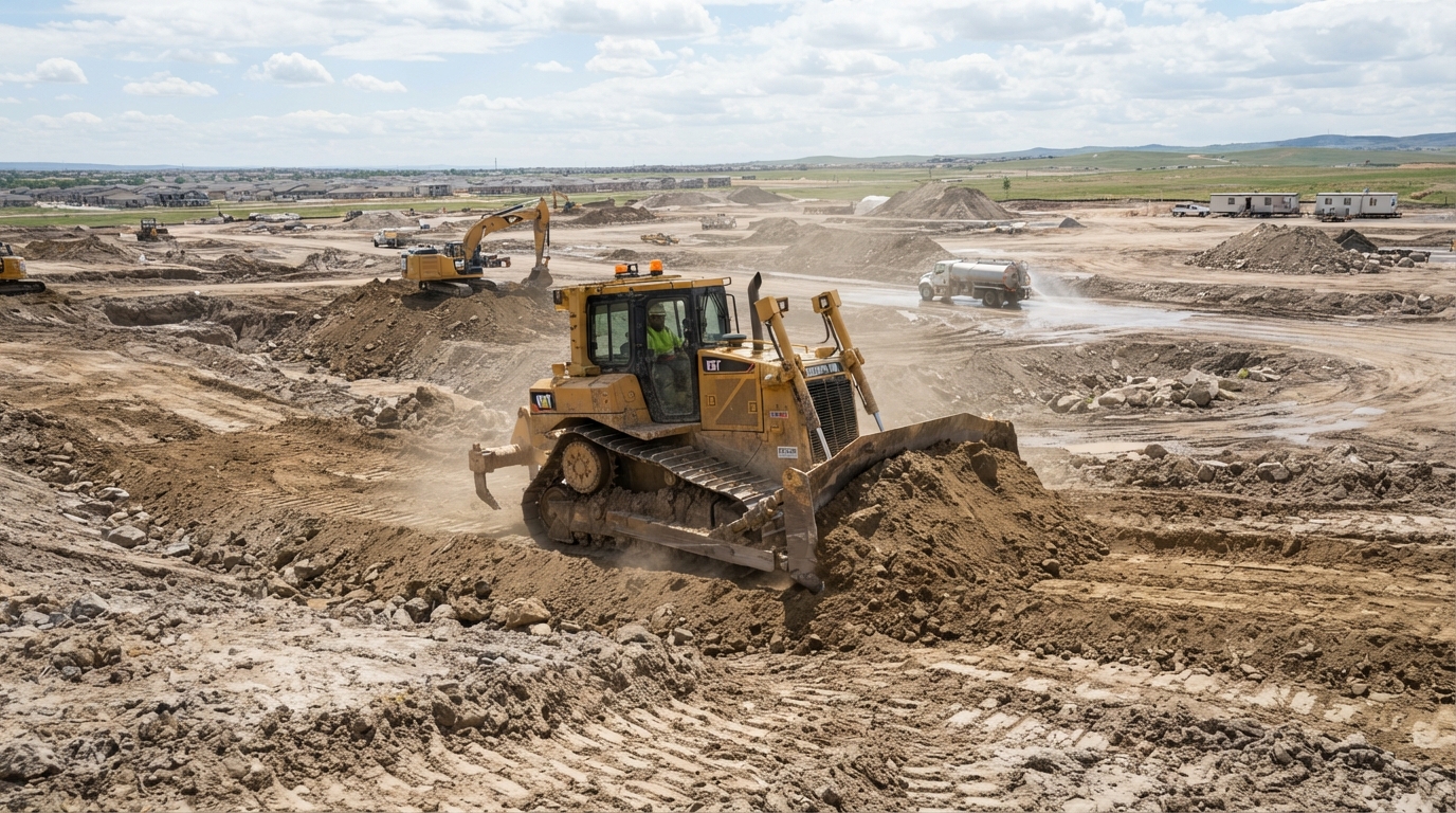 Heavy equipment performing rough grading on a property near Denton Texas
