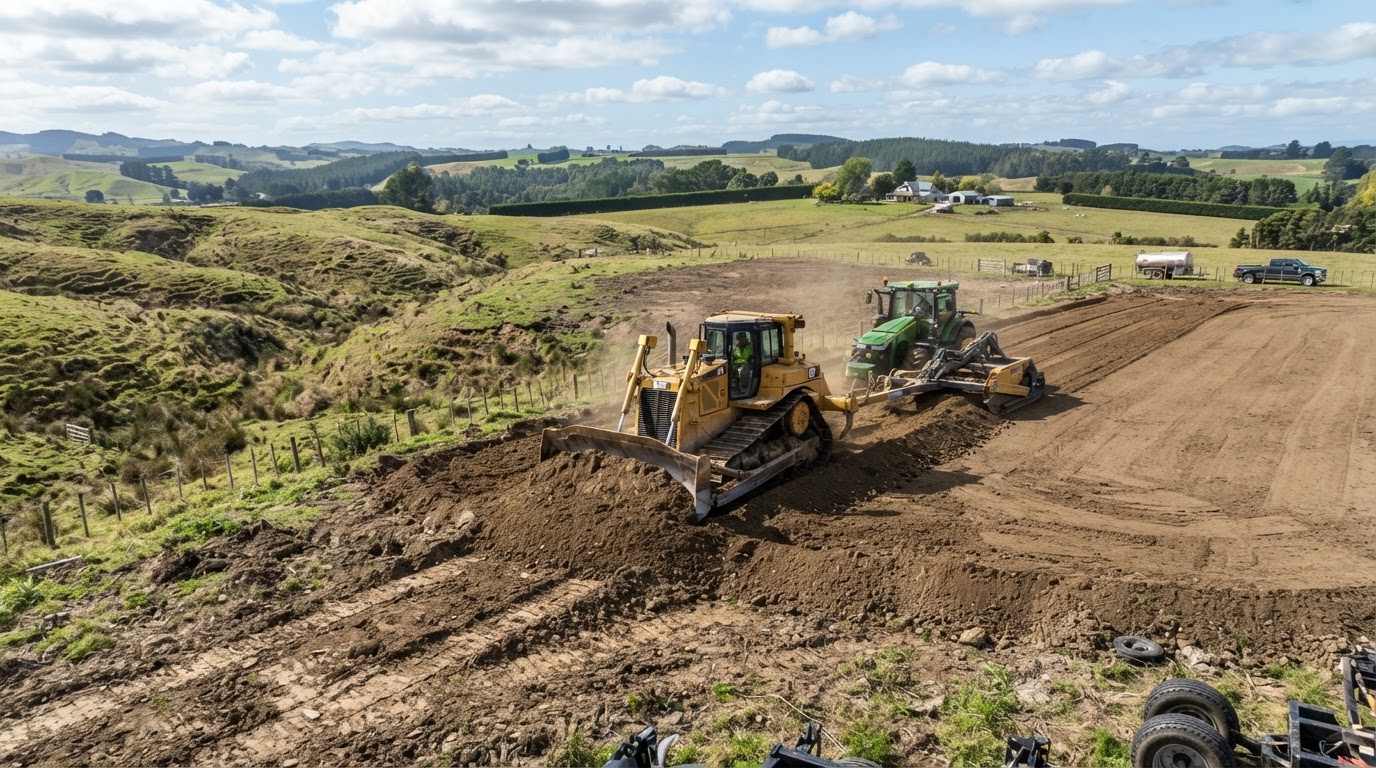 Machinery leveling an open uneven property