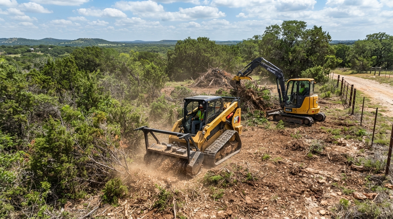 Earthmoving equipment clearing brush on an overgrown North Texas property