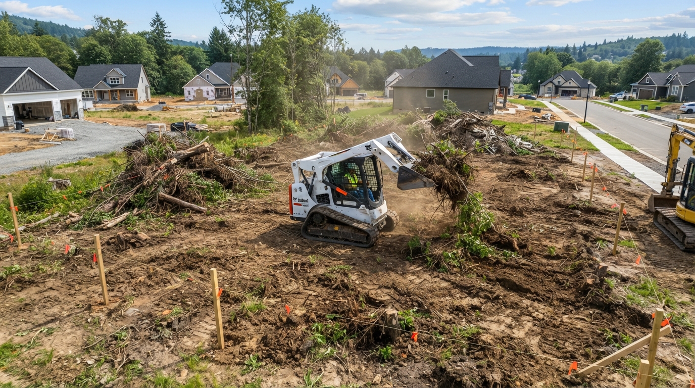 A building lot being cleared of vegetation by machinery for construction