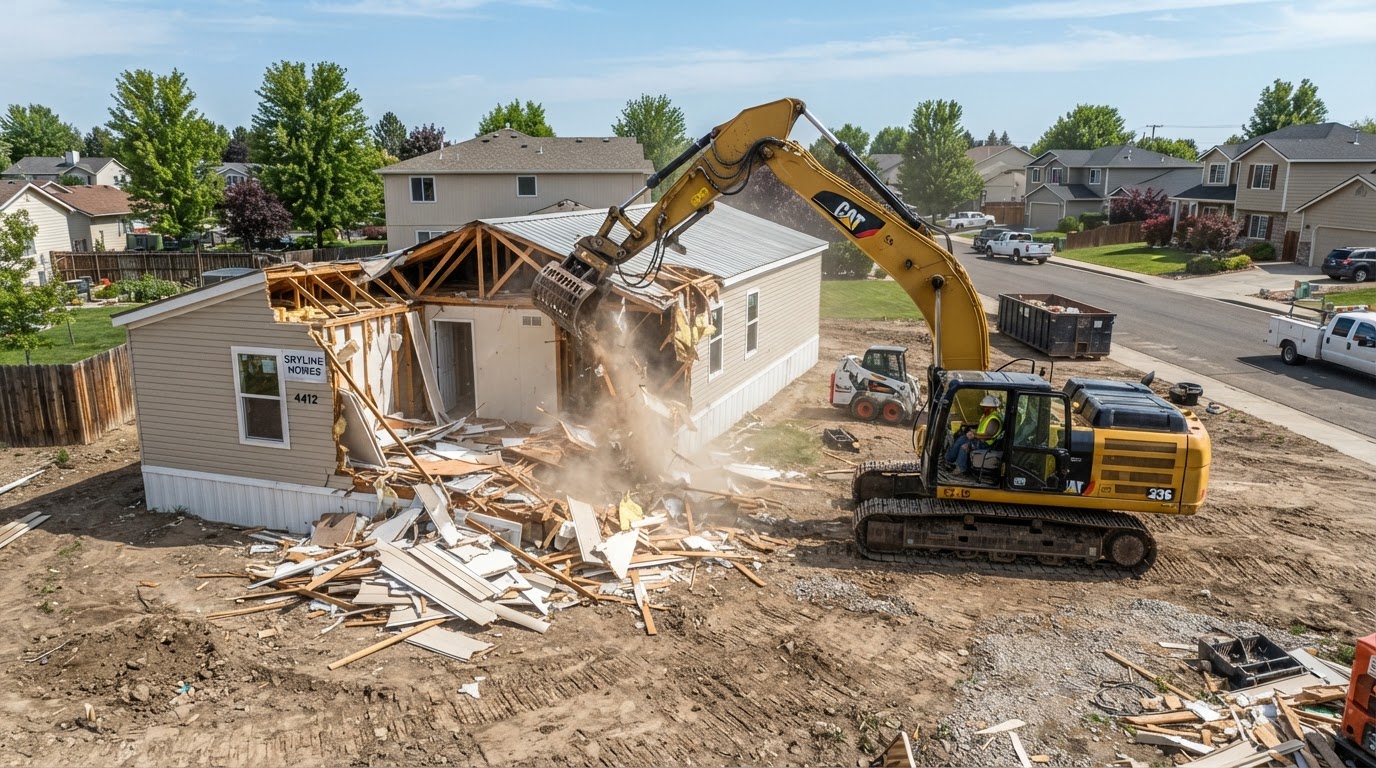 Excavator removing a mobile home