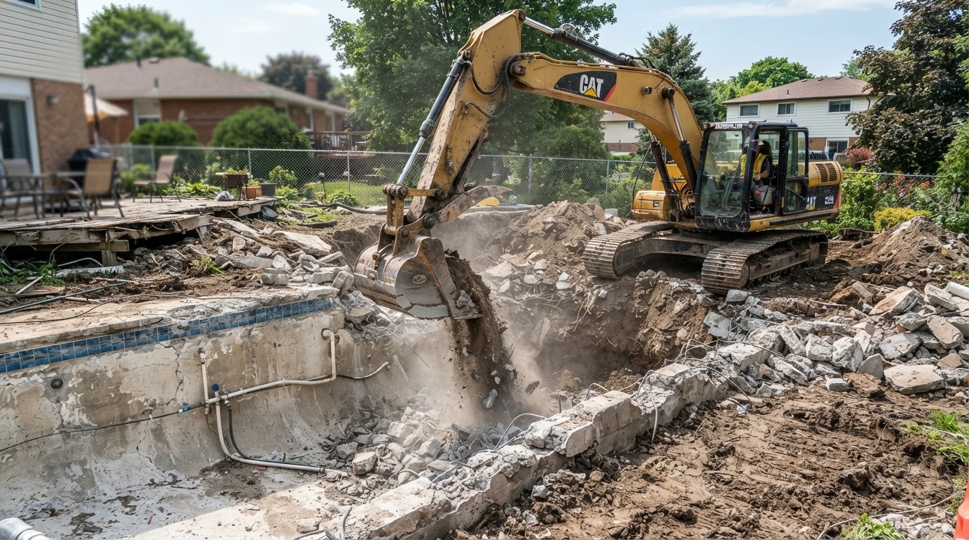 Excavator removing an in-ground swimming pool