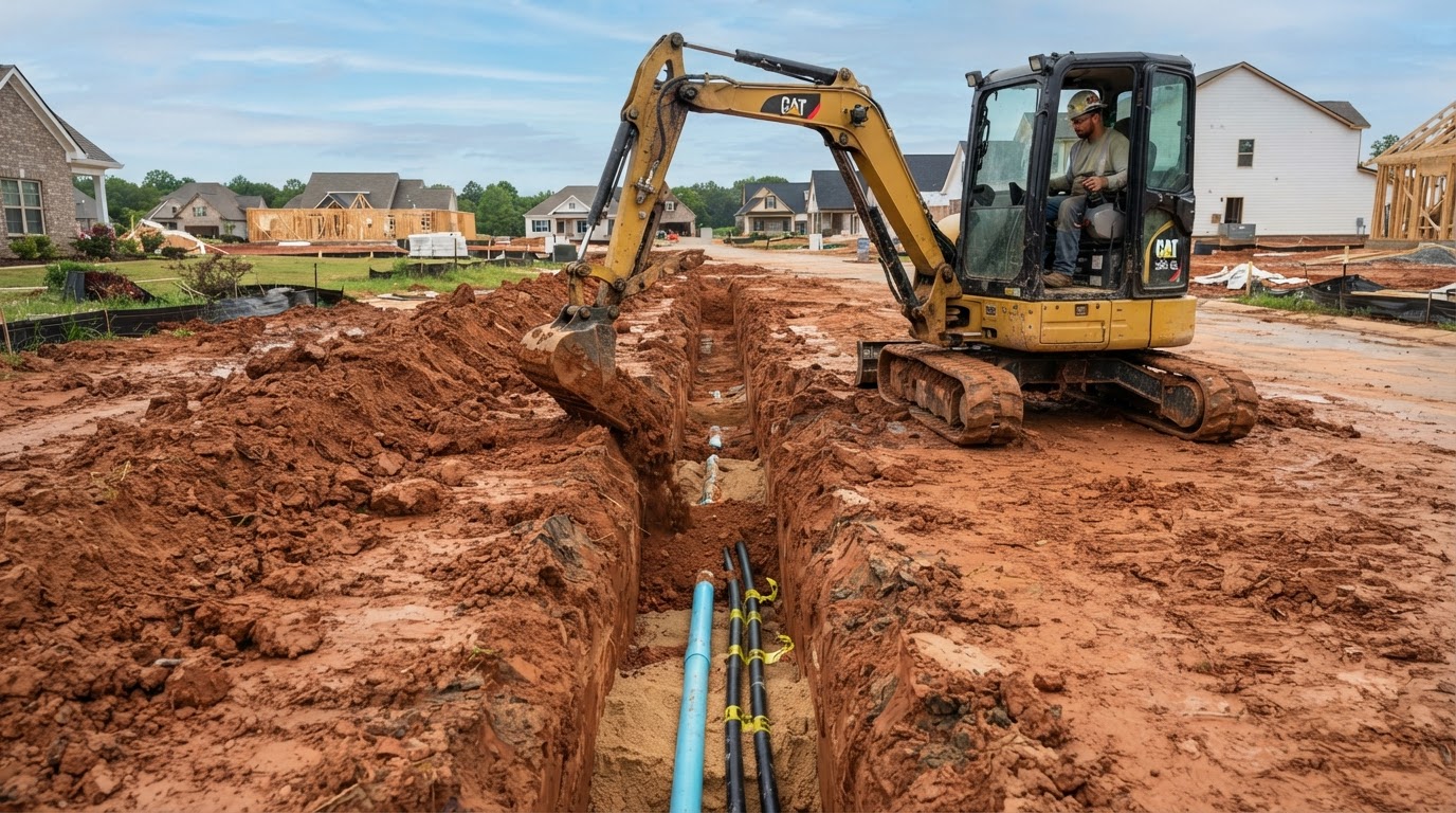 Excavator digging a narrow utility trench