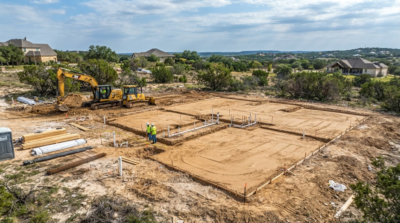 Residential house pad being prepared with defined building footprint
