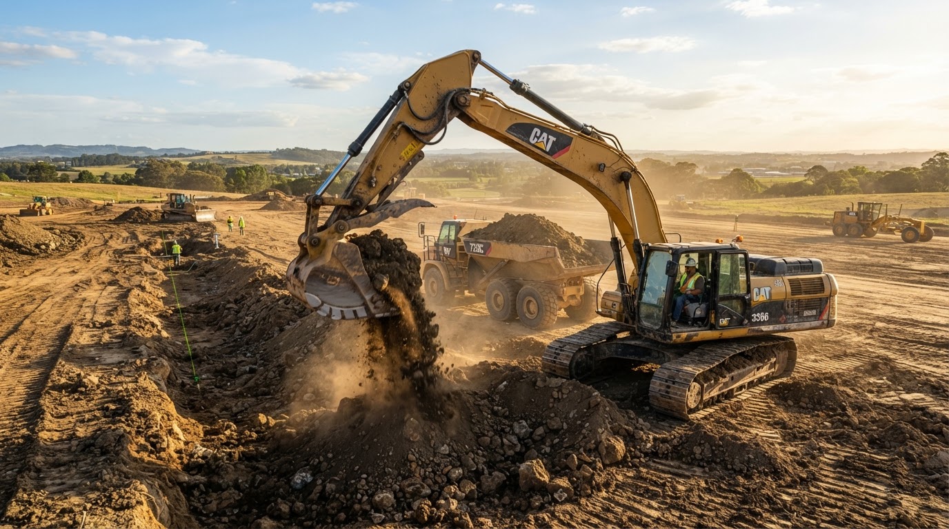 Active heavy excavator machinery clearing earth and preparing site in Denton, TX
