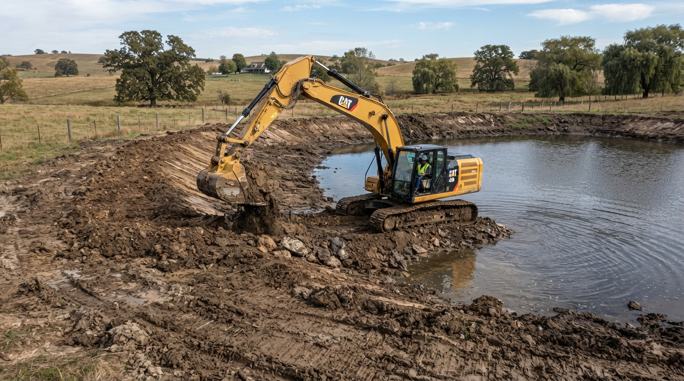 Heavy equipment expanding and deepening an existing pond basin edge