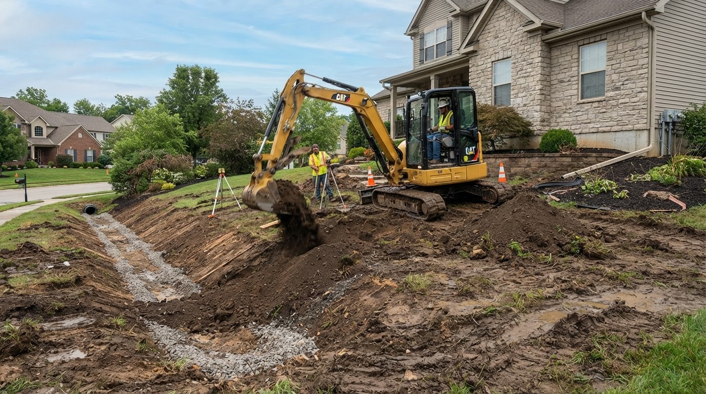 Regrading and site excavation correcting standing water and yard drainage runoff
