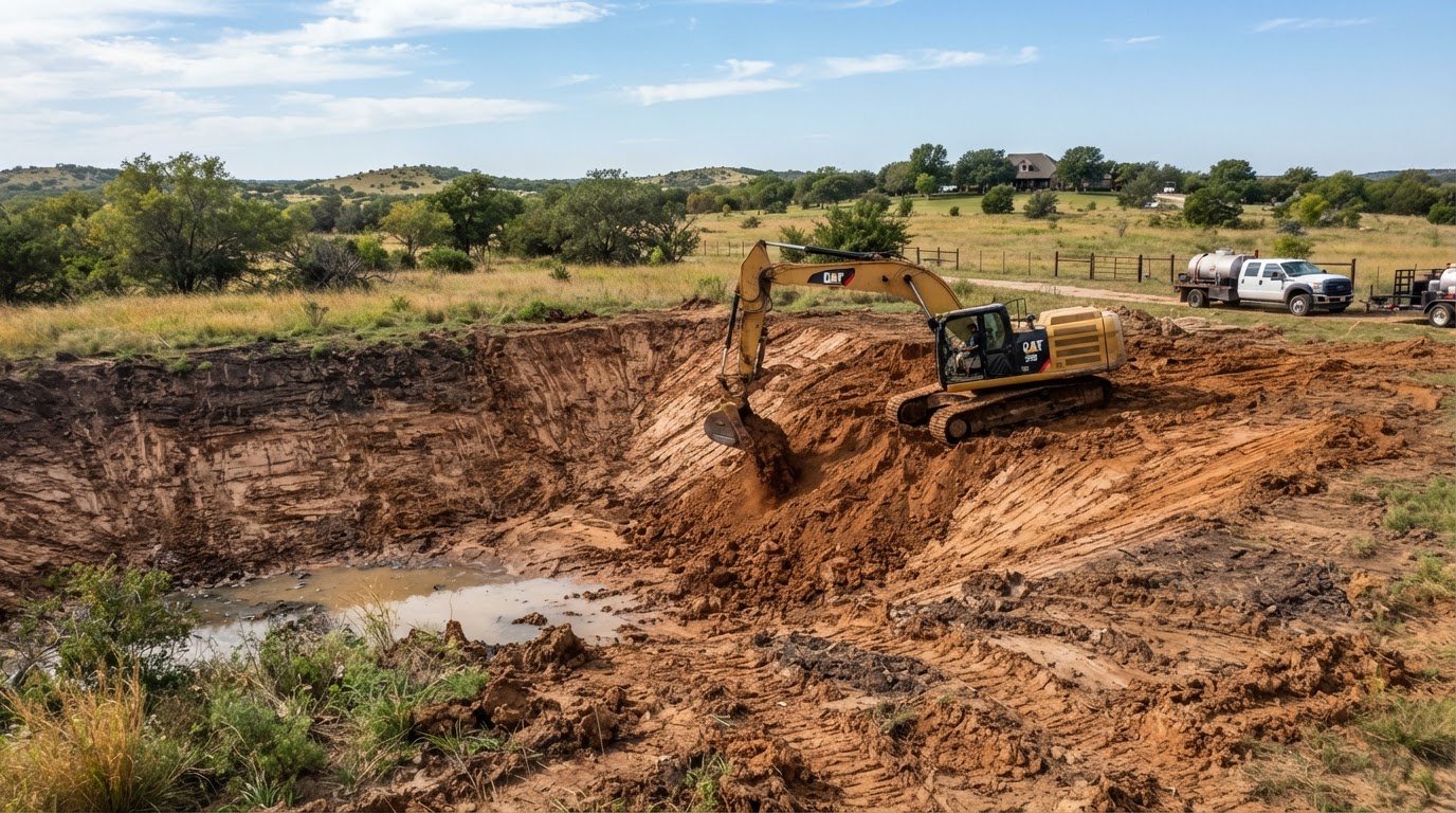 Active pond excavation on a rural land property showing an excavator shaping a pond basin