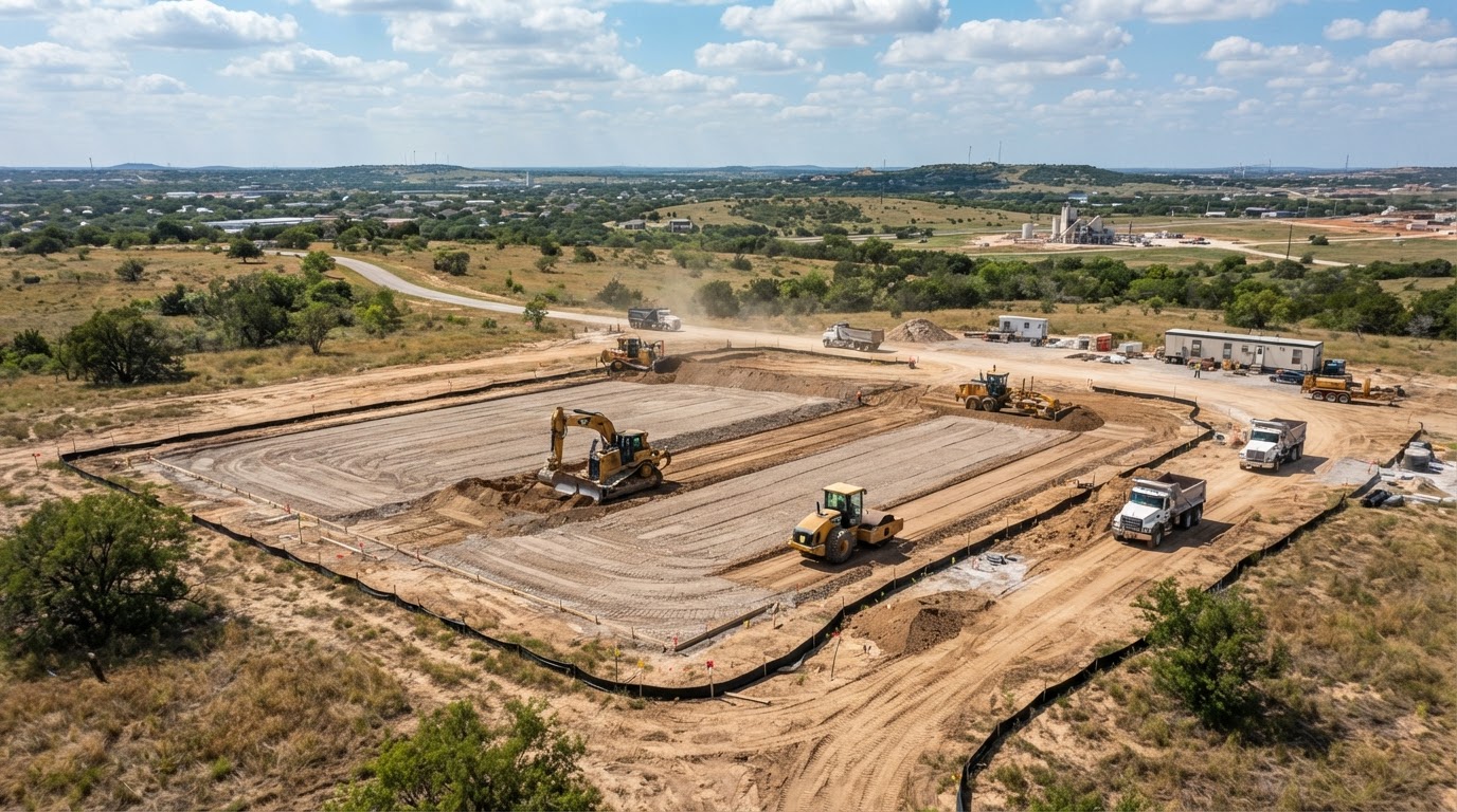 Active building-pad preparation showing earthmoving equipment excavating and grading a building site