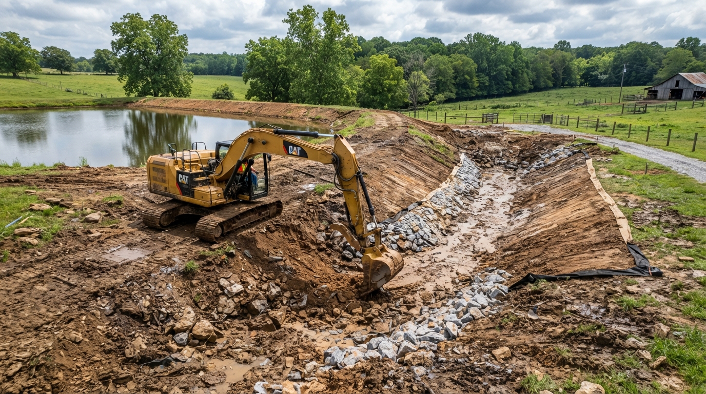 Heavy equipment restoring and shaping an eroded pond spillway and overflow channel
