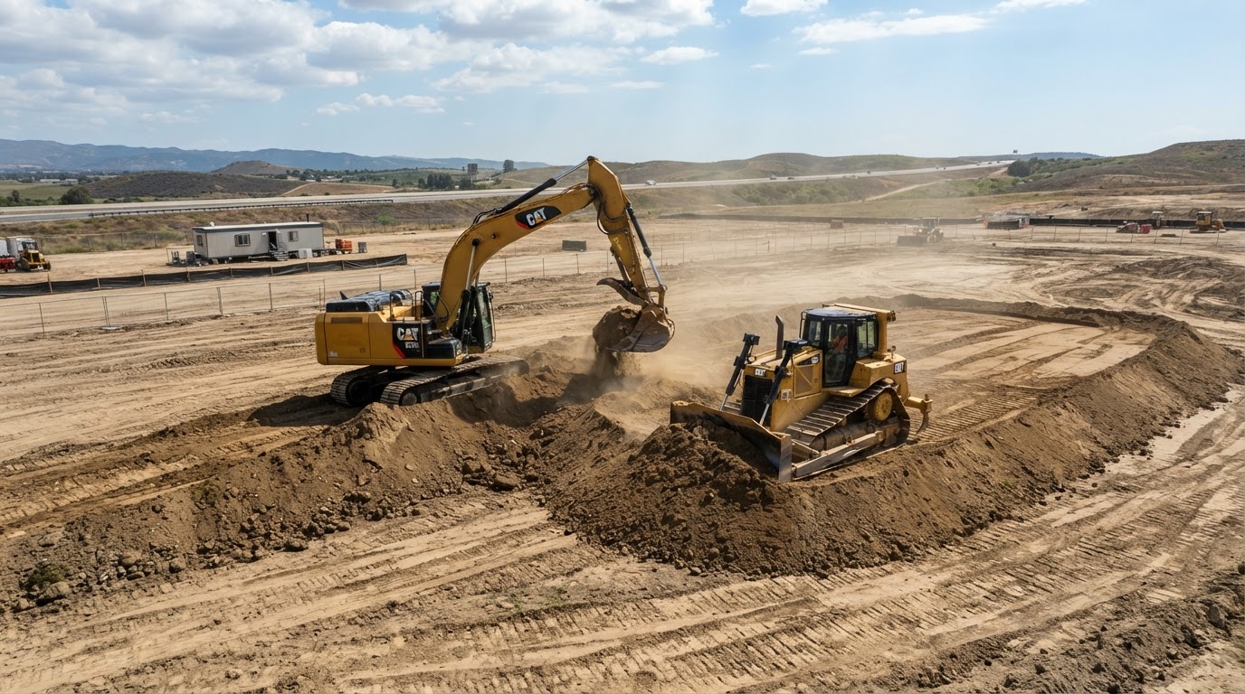 Earthmoving equipment preparing an open site