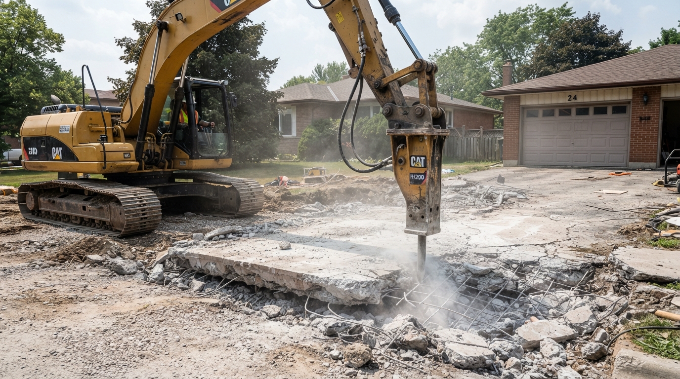 Equipment breaking and removing a concrete slab