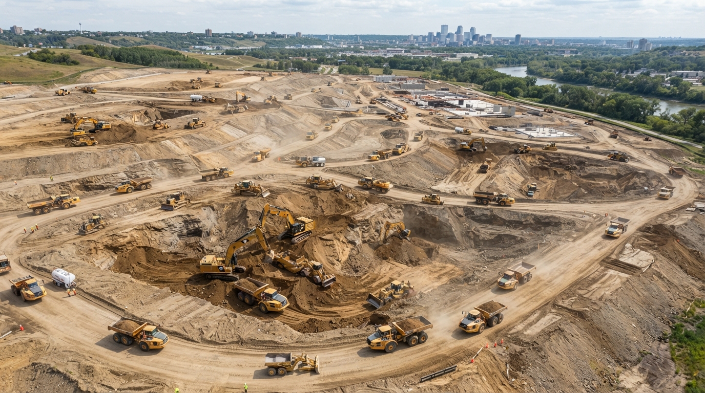 Large-scale mass excavation and earthmoving site with heavy equipment