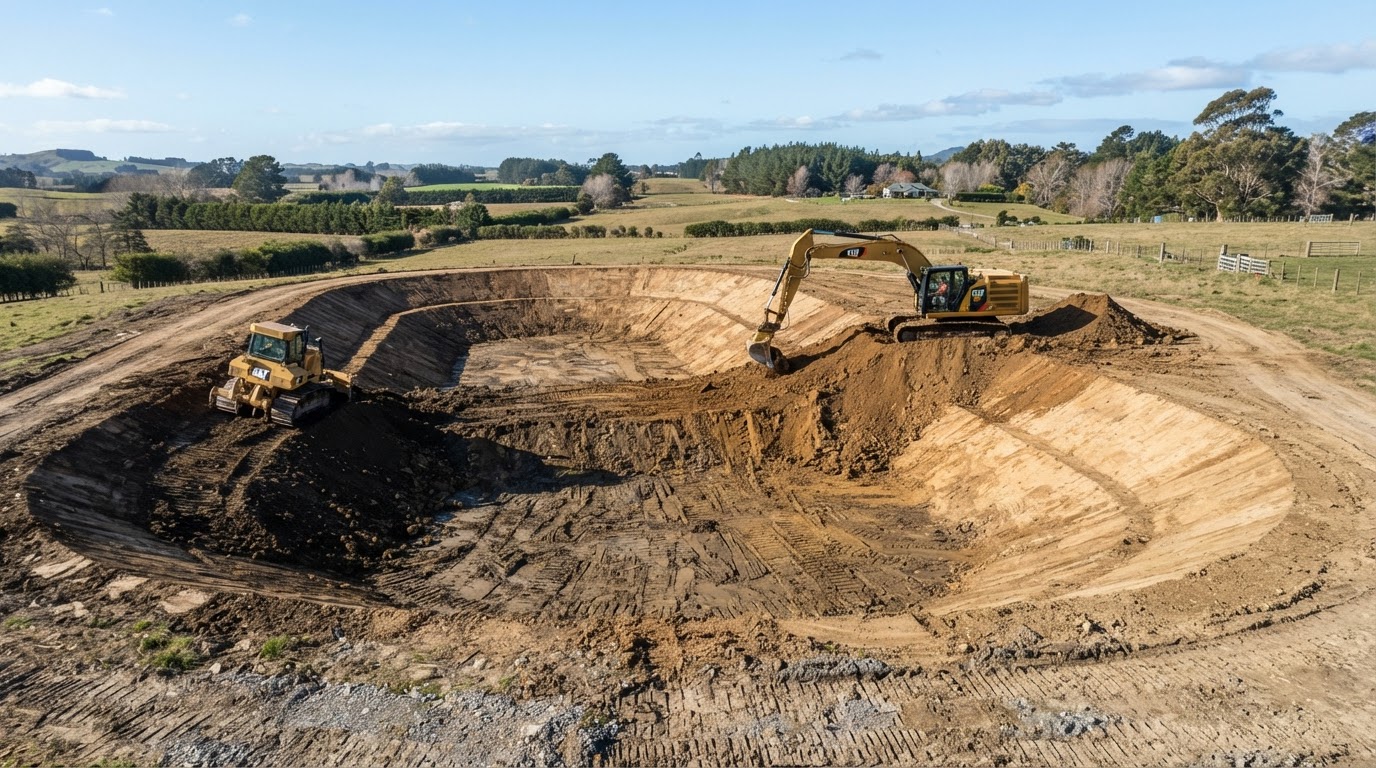 New pond basin being excavated and shaped with defined earthen banks