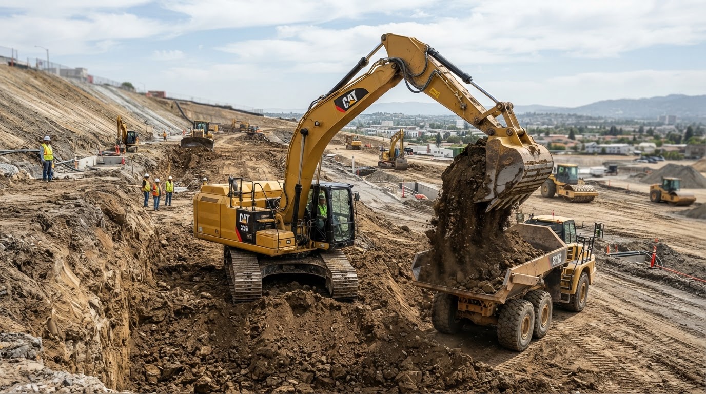 Excavator moving soil during earthwork