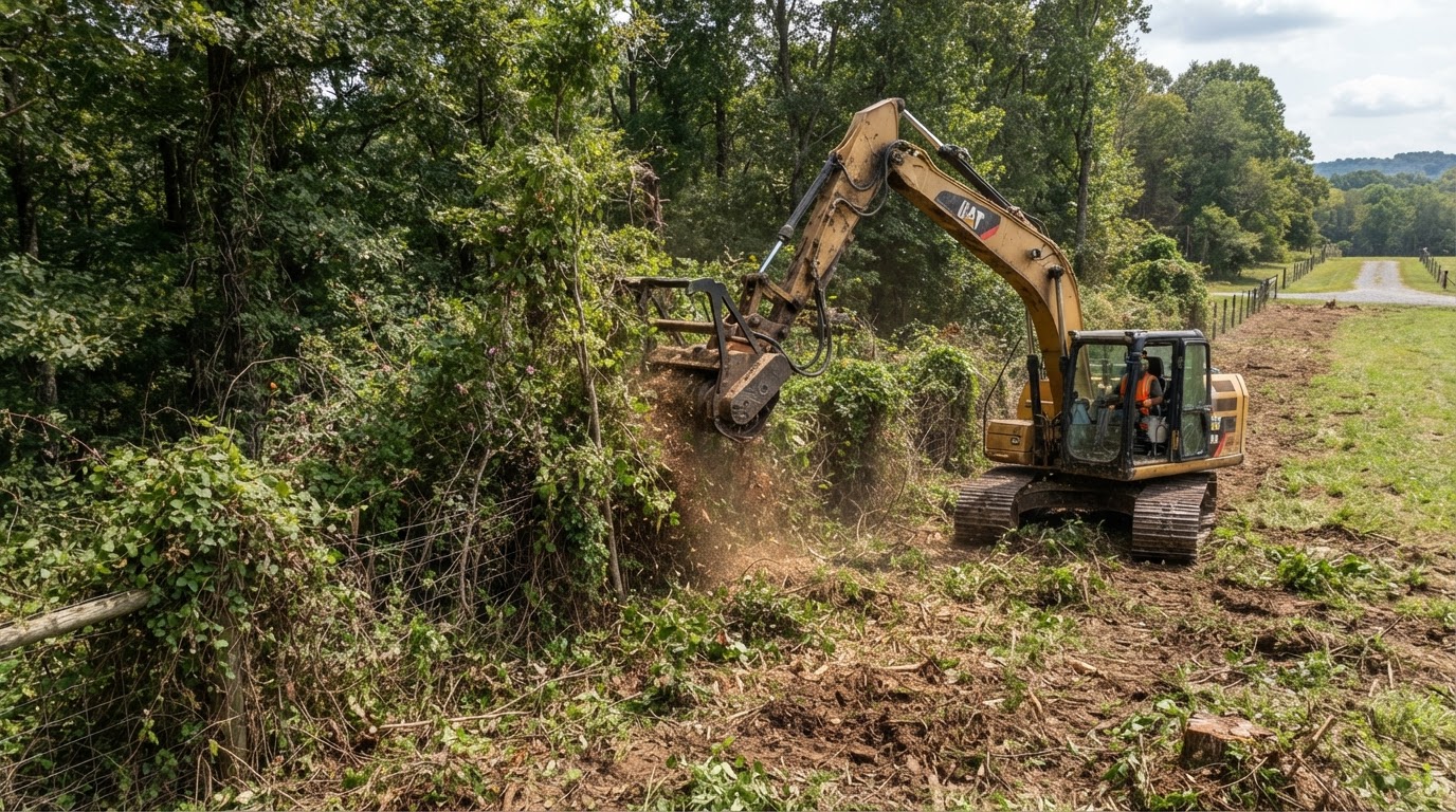 Heavy machinery removing dense overgrown brush and vines