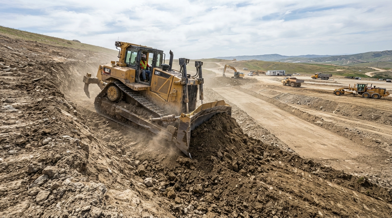 Earthmoving equipment cutting soil from high areas and placing fill in lower ground