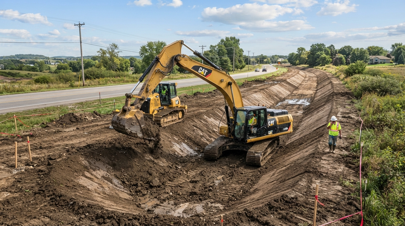 Excavator shaping a broad drainage swale across an open property