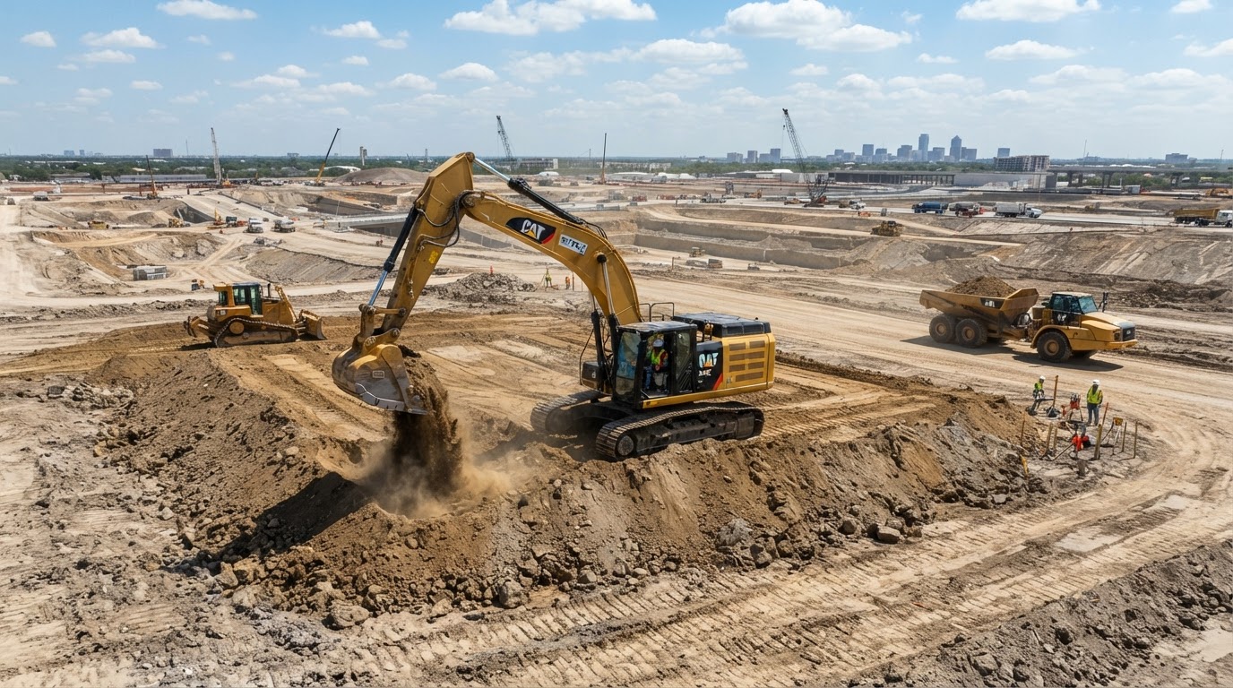 Excavator moving soil during earthwork
