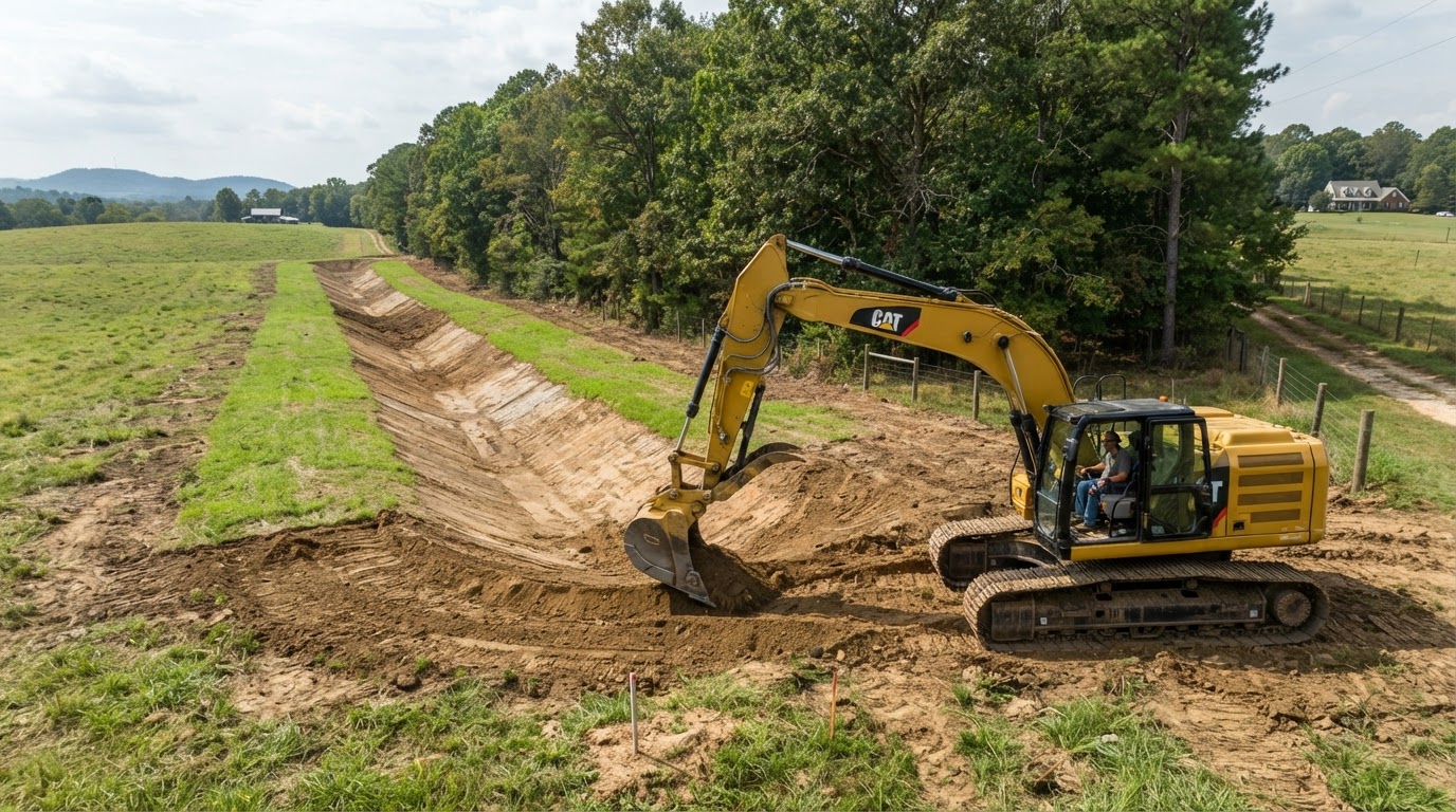Excavator shaping a wide open drainage ditch and grass swale along a boundary