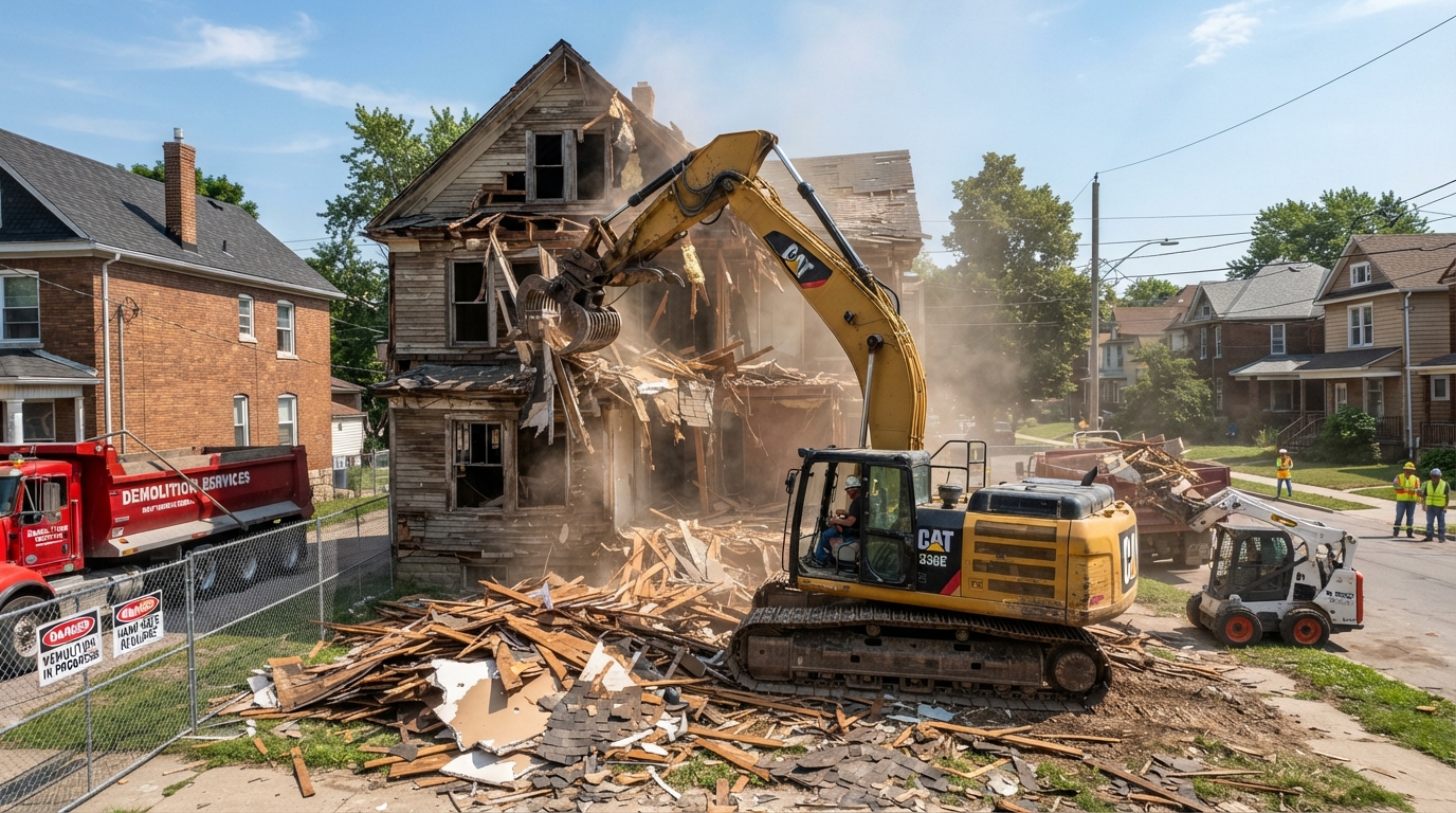 Excavator removing a residential house